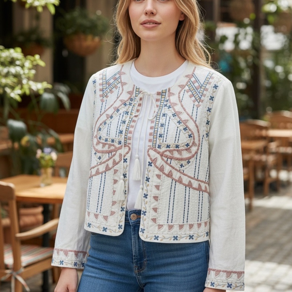 Chic Embroidered White and Tan Blazer